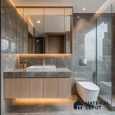 Luxurious Fusion: Contemporary Bathroom with Marble Accents and Wood Details | Material Depot