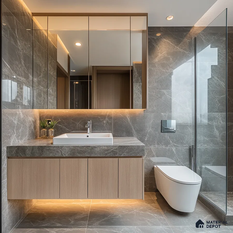 Luxurious Fusion: Contemporary Bathroom with Marble Accents and Wood Details | Material Depot