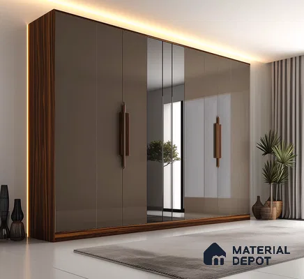 Luxurious Glossy Wardrobe with Mirror Panels and Wooden Accents | Material Depot