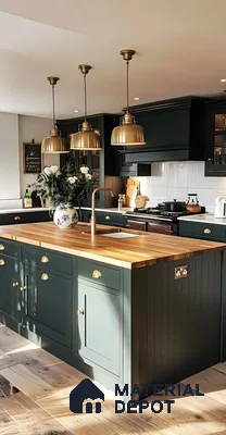 Luxurious Harmony in Forest Green: A Classic Kitchen Design with Wood Accents | Material Depot