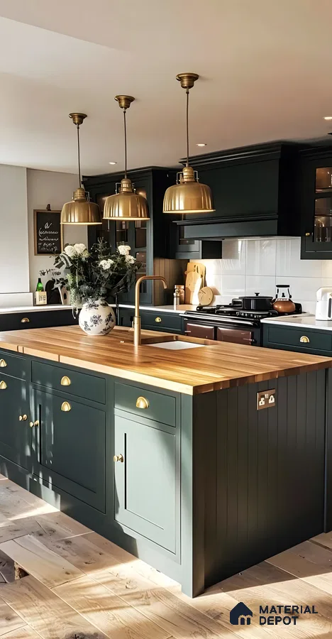 Luxurious Harmony in Forest Green: A Classic Kitchen Design with Wood Accents | Material Depot