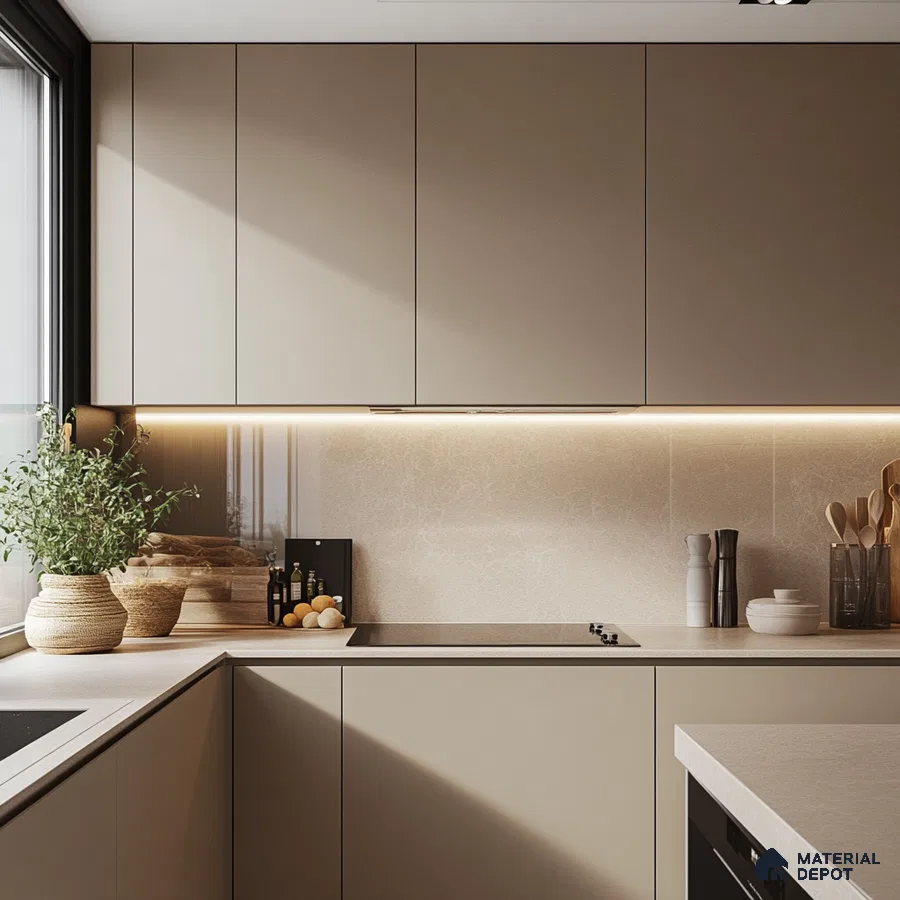 Luxurious Harmony of Light and Space: An Expansive Kitchen with Integrated Dining for Modern Living | Material Depot