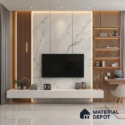 Luxurious Integrated Marble and Wood Living Room Design with Ambient Lighting | Material Depot