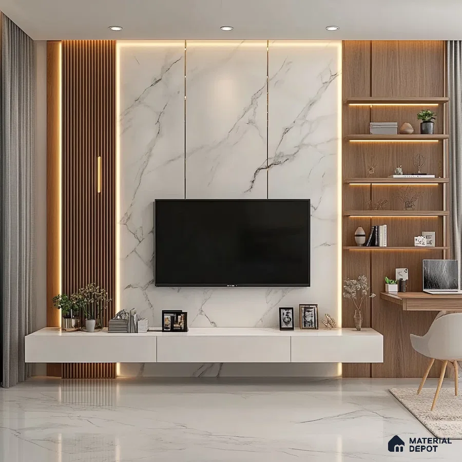 Luxurious Integrated Marble and Wood Living Room Design with Ambient Lighting | Material Depot