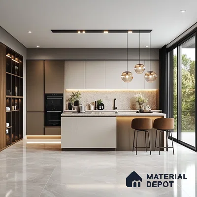 Luxurious Kitchen Design Highlighting Golden Pendant Lights Over a Marble Center Island | Material Depot