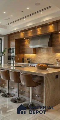 Luxurious Kitchen Design with Rich Wood and Marble Island Detailing | Material Depot