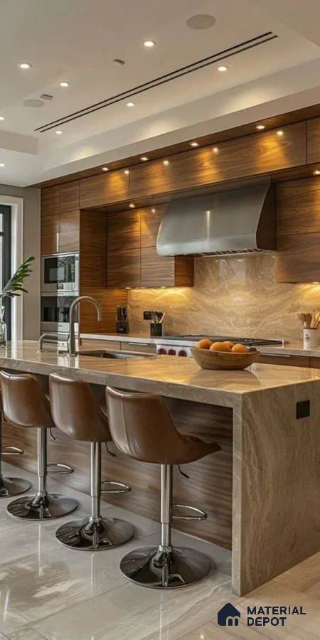 Luxurious Kitchen Design with Rich Wood and Marble Island Detailing | Material Depot
