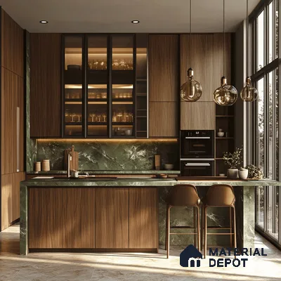 Luxurious Kitchen Space Highlighting Rich Green Marble and Gold Accents for a Regal Feel | Material Depot