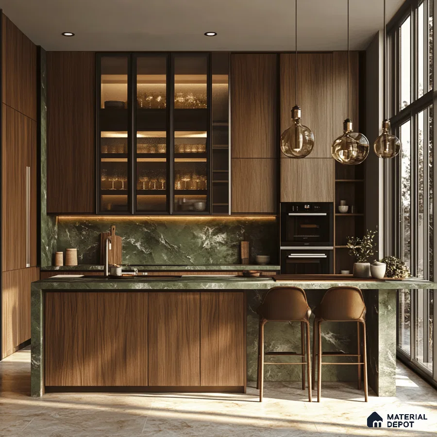 Luxurious Kitchen Space Highlighting Rich Green Marble and Gold Accents for a Regal Feel | Material Depot