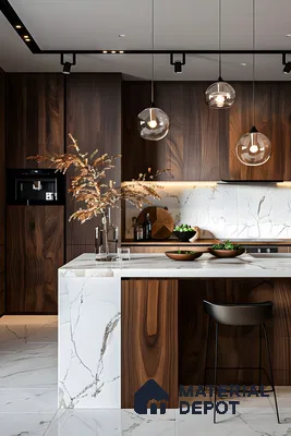 Luxurious kitchen with dark walnut cabinets, marble island, and statement lighting for a refined appeal. | Material Depot
