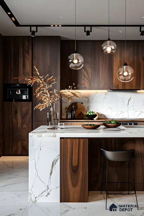 Luxurious kitchen with dark walnut cabinets, marble island, and statement lighting for a refined appeal. | Material Depot