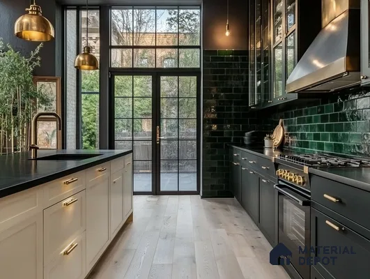 Luxurious Kitchen with Emerald Green Accents and Brass Details | Material Depot