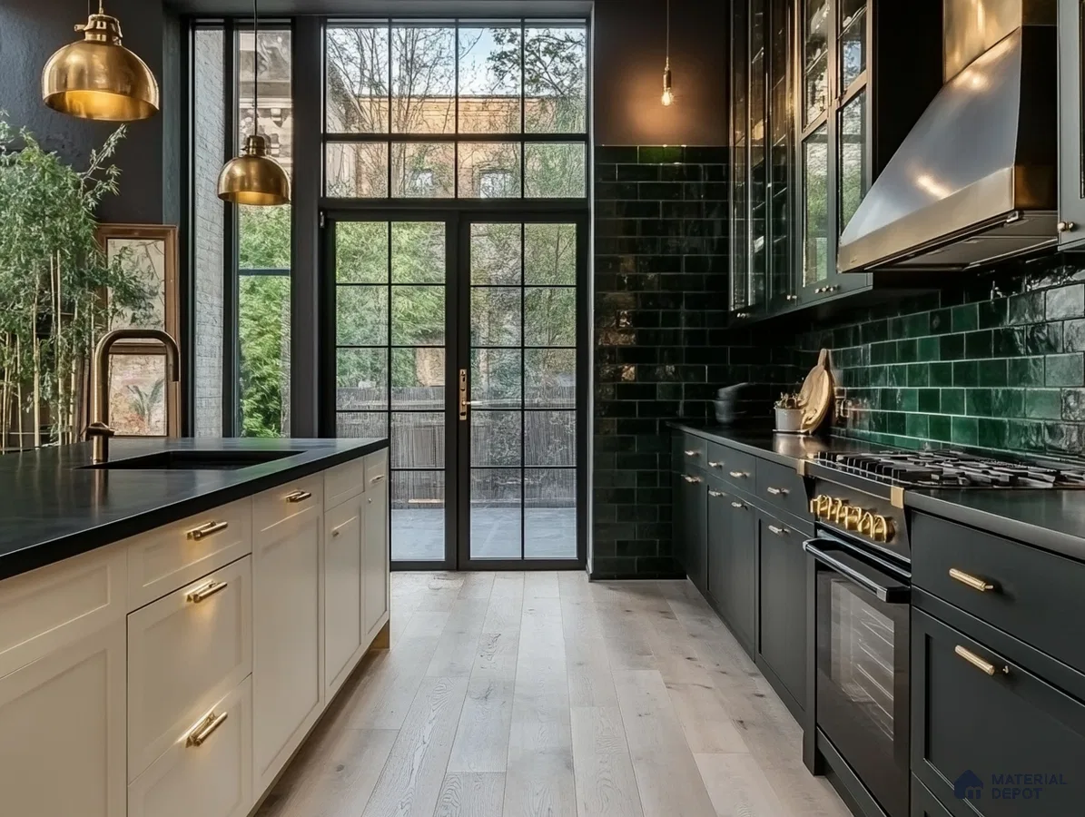 Luxurious Kitchen with Emerald Green Accents and Brass Details | Material Depot