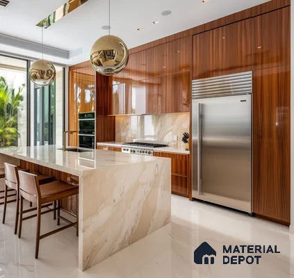 Minimalist Grey Glossy Kitchen with Curved Island and Modern Design | Material Depot