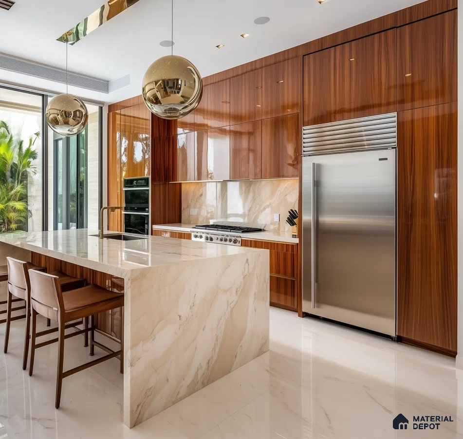 Minimalist Grey Glossy Kitchen with Curved Island and Modern Design | Material Depot