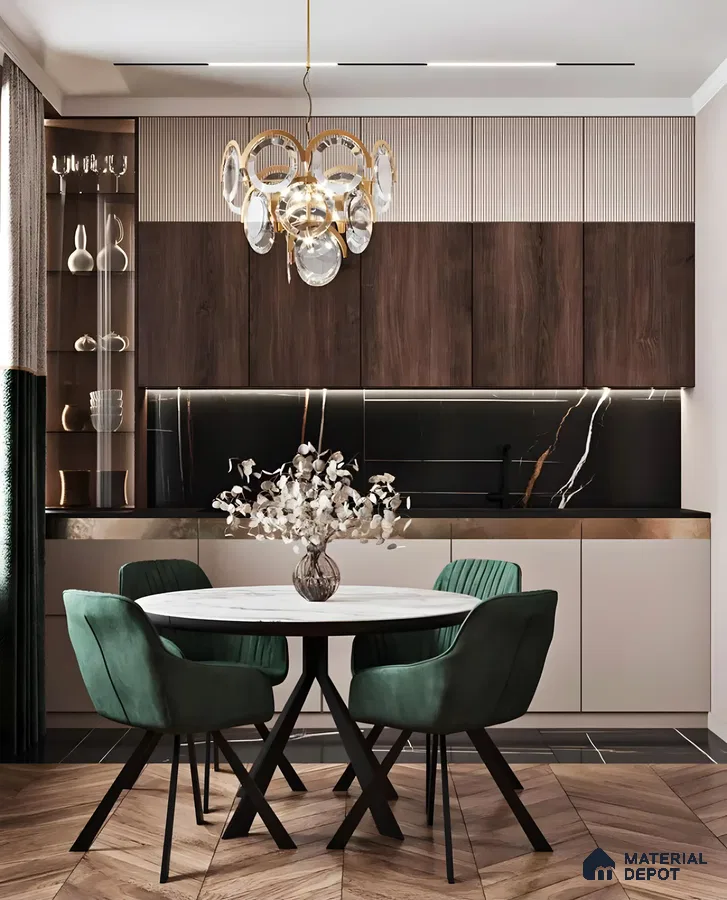 Luxurious Kitchen with Green Velvet Chairs and Black Marble Backsplash | Material Depot
