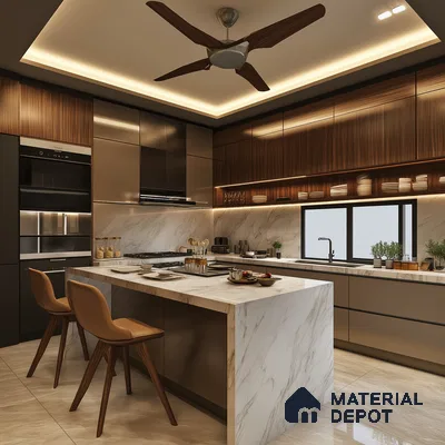 Luxurious Kitchen with Marble Countertops and Warm Wooden Laminates | Material Depot