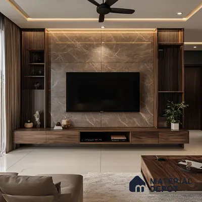 Luxurious Living Room Design with Statement TV Wall and Contemporary Furniture Godrej Ananda Bagalur Aerospace Park | Material Depot