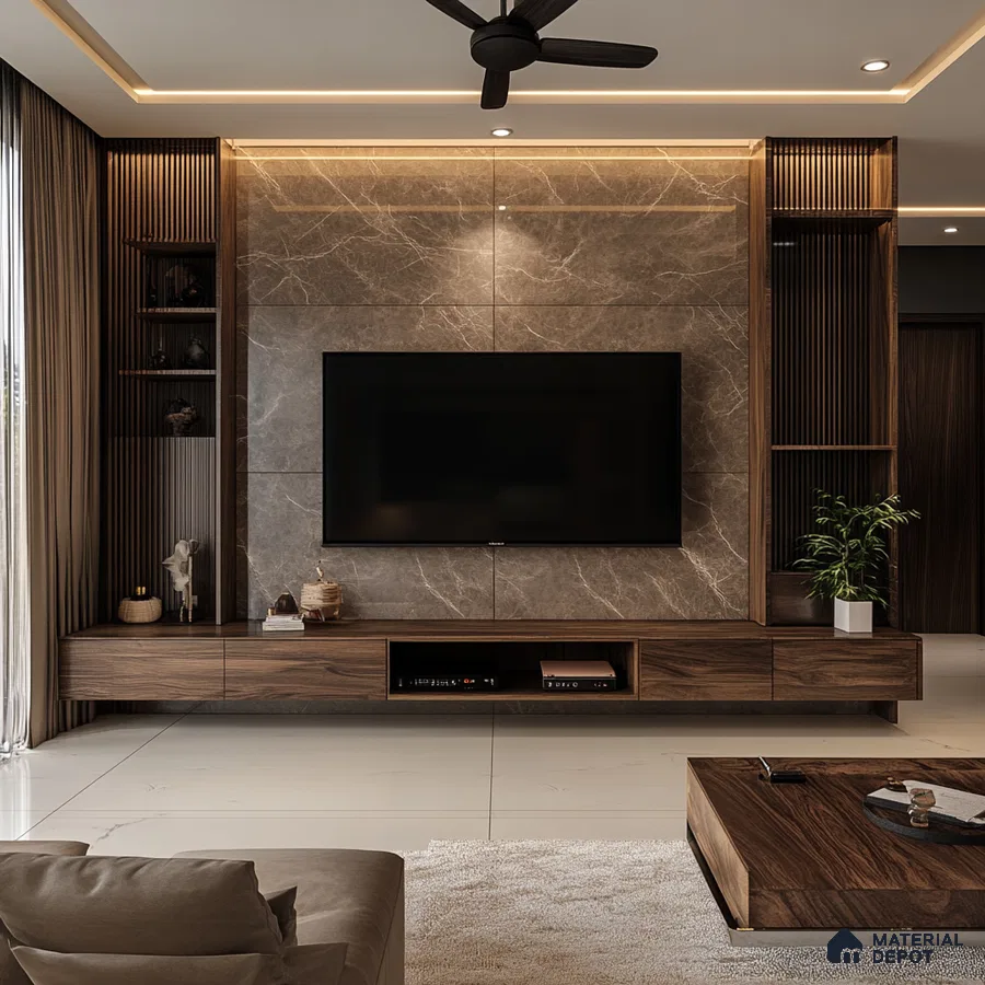 Luxurious Living Room Design with Statement TV Wall and Contemporary Furniture Godrej Ananda Bagalur Aerospace Park | Material Depot