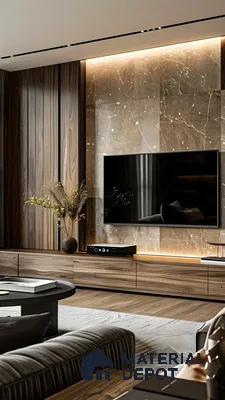 Luxurious Living Room with Backlit Marble TV Wall | Material Depot