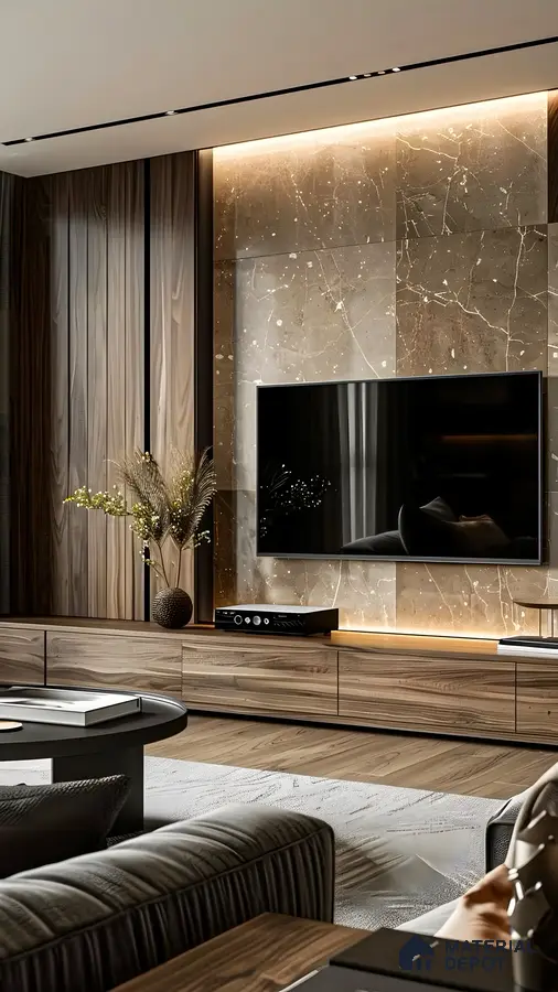Luxurious Living Room with Backlit Marble TV Wall | Material Depot