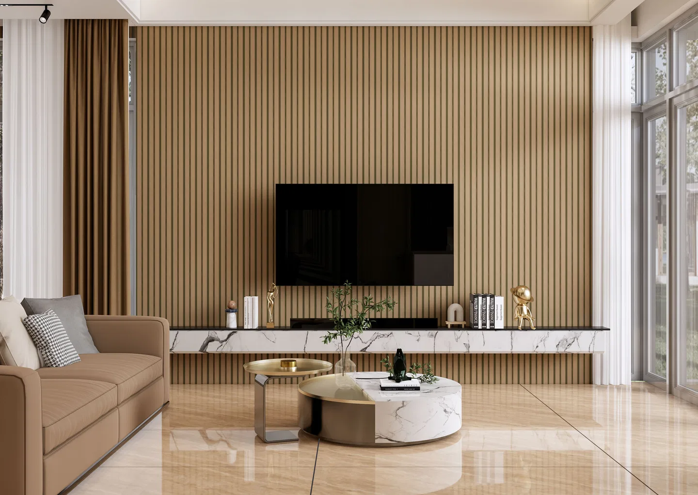 Modern living room with marble-look TV unit, wooden fluted wall panels ...