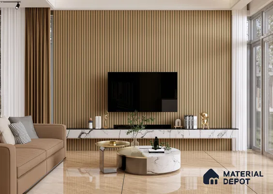 Luxurious Living Room with Beige Louvers and Marble TV Unit | Material Depot