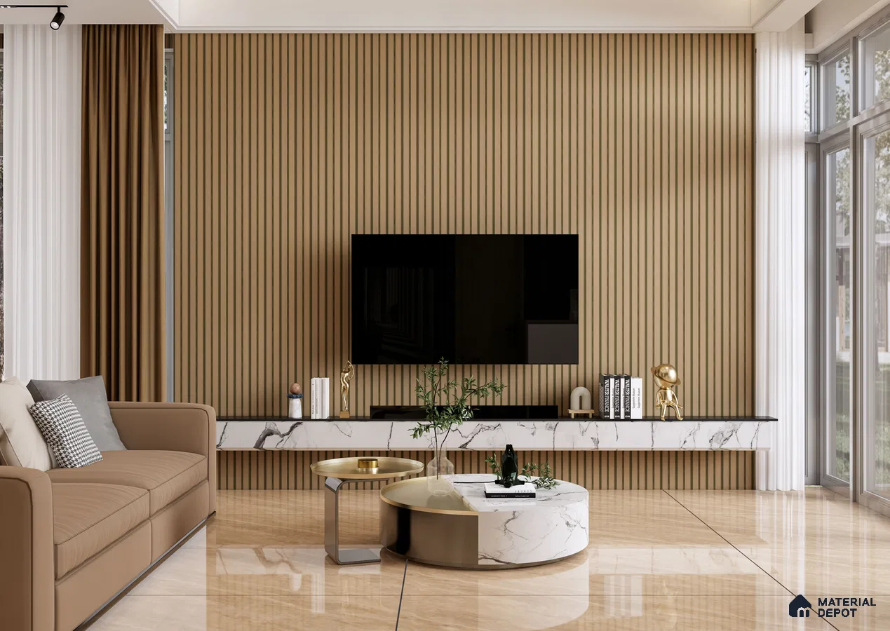 Luxurious Living Room with Beige Louvers and Marble TV Unit | Material Depot