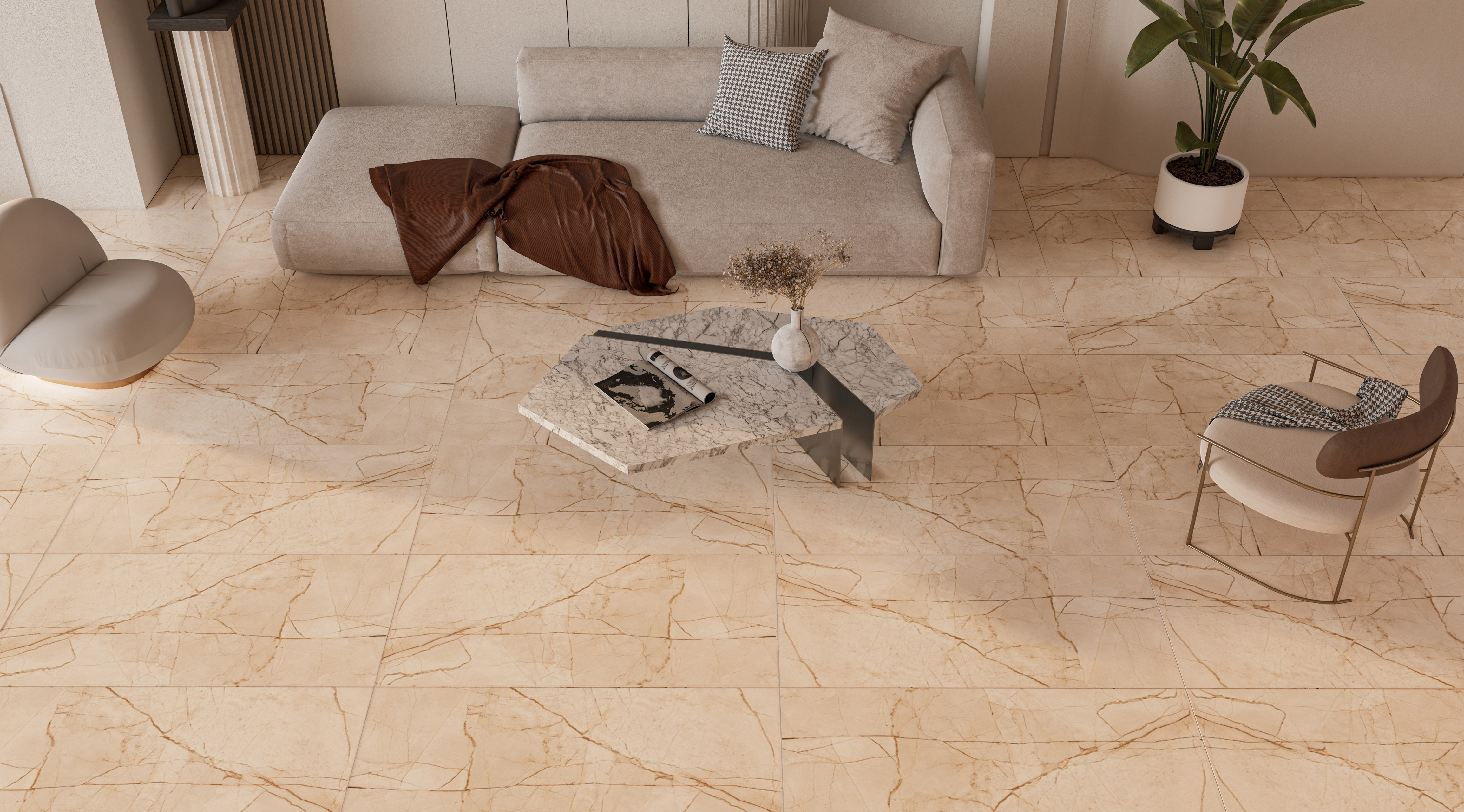 Luxurious Living Room with Beige Marble-Look Tile Flooring | Material Depot