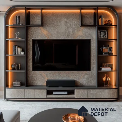 Luxurious Living Room with Curved TV Wall and Warm Lighting | Material Depot