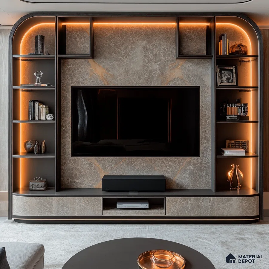 Luxurious Living Room with Curved TV Wall and Warm Lighting | Material Depot