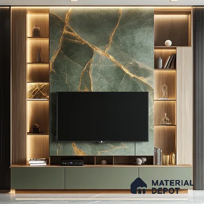 Luxurious Living Room with Green Marble Feature Wall and Gold Accents | Material Depot