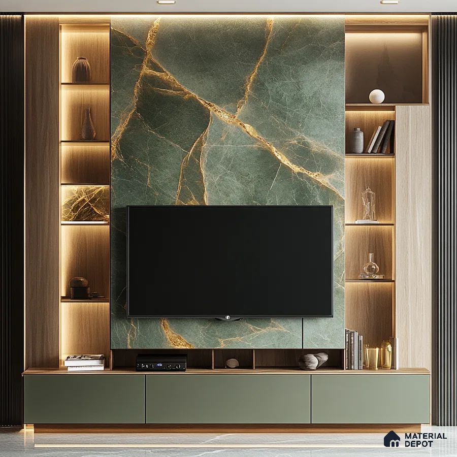 Luxurious Living Room with Green Marble Feature Wall and Gold Accents | Material Depot