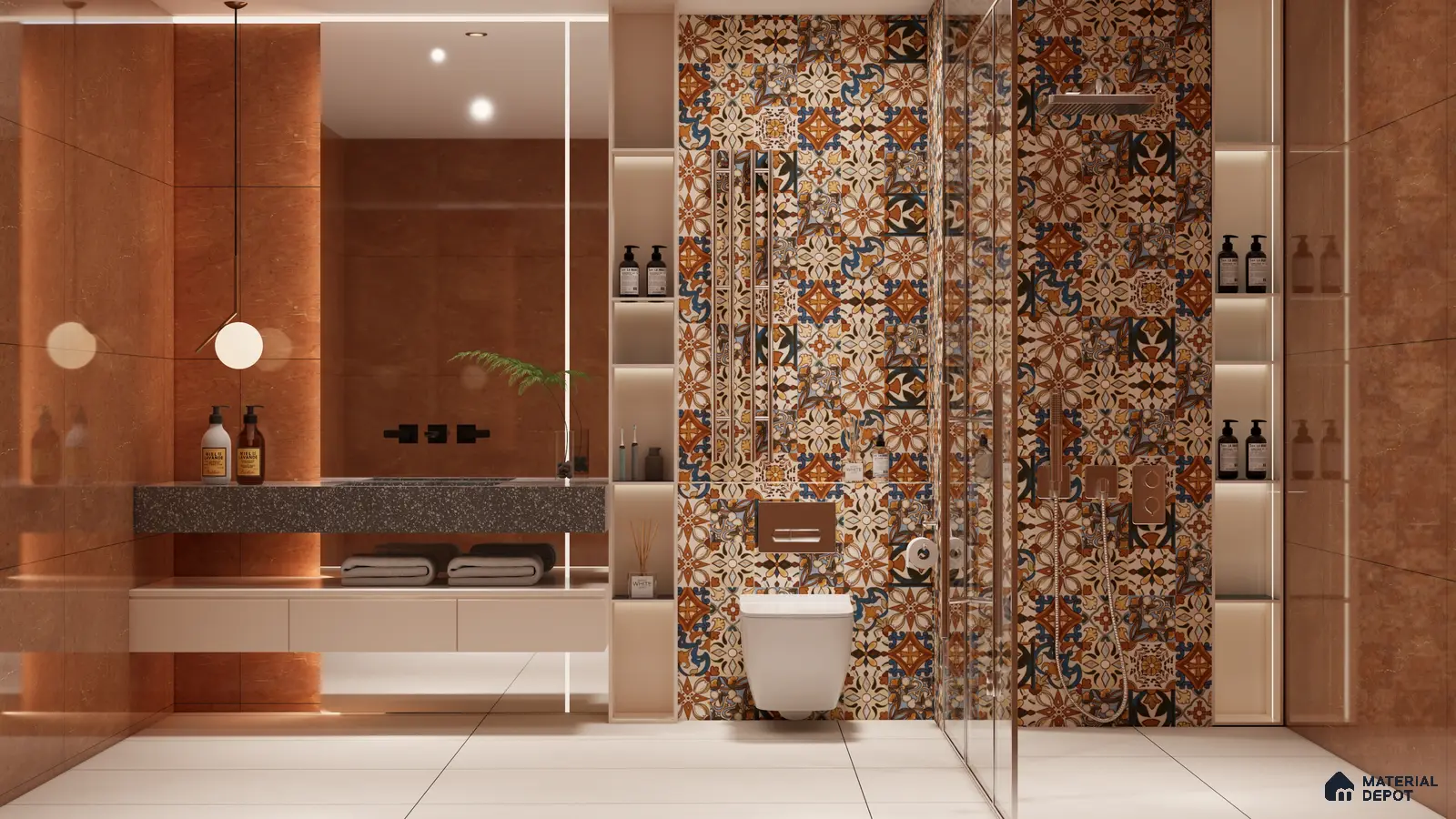 Rich Brown Tiles Paired with Moroccan Accents for a Luxurious Bathroom Look | Material Depot