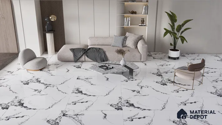 Luxurious Living Room with High-Gloss Marble Look Tiles | Material Depot