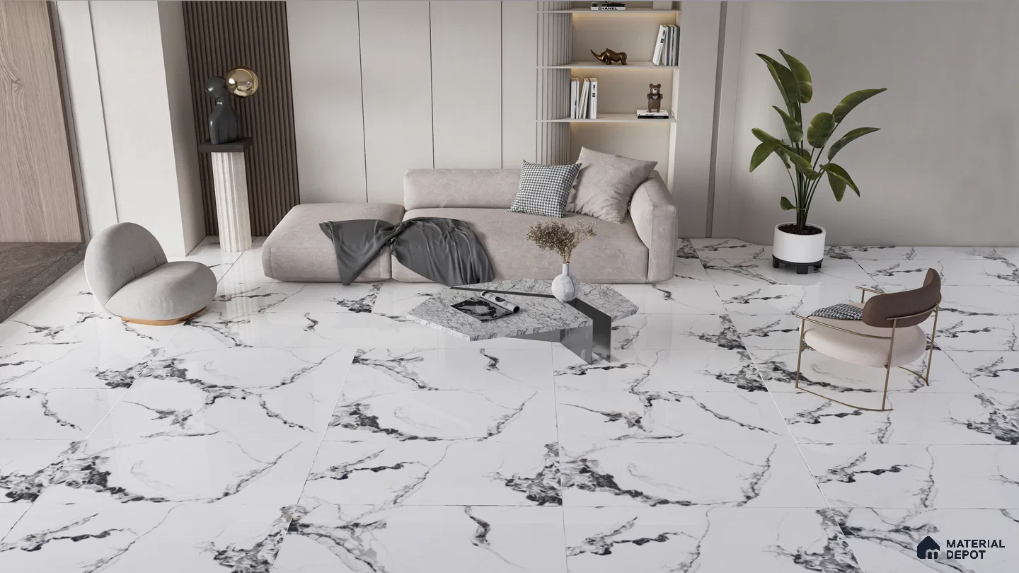 Luxurious Living Room with High-Gloss Marble Look Tiles | Material Depot