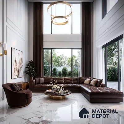Luxurious Living Room with Large Leather Sectional and Floor-to-Ceiling Windows | Material Depot