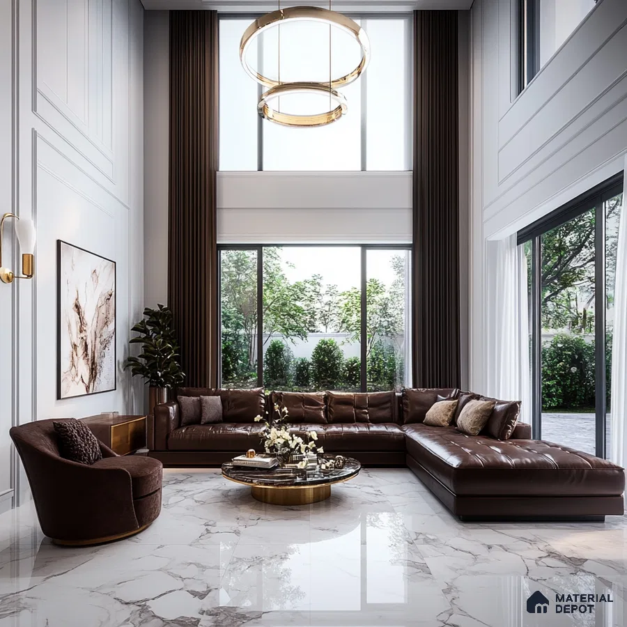 Luxurious Living Room with Large Leather Sectional and Floor-to-Ceiling Windows | Material Depot