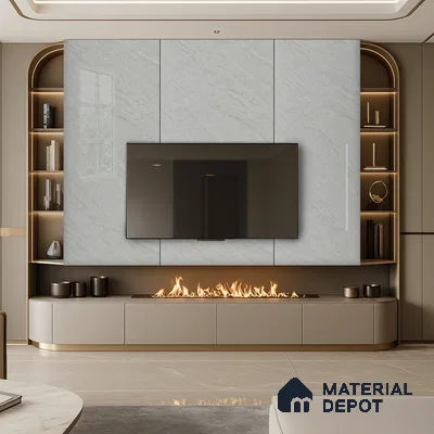 Modern Living Room with Subtle Leaf Pattern Laminate TV Wall and Open Shelving | Material Depot