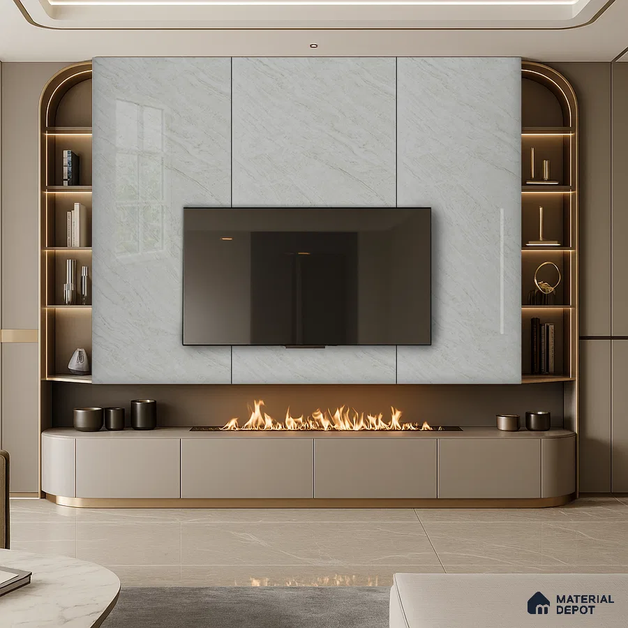 Modern Living Room with Subtle Leaf Pattern Laminate TV Wall and Open Shelving | Material Depot