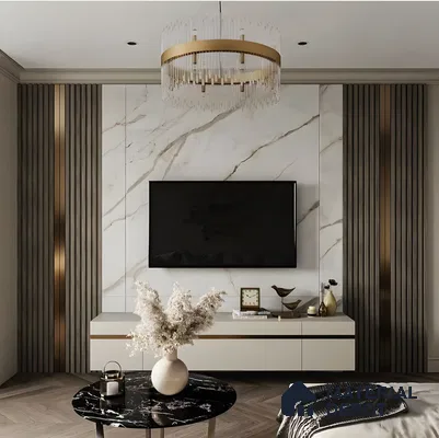 Luxurious TV Unit with Marble Accent Wall and Gold Accents | Material Depot