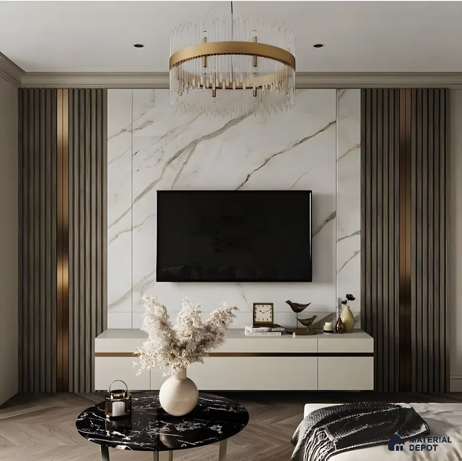 Luxurious TV Unit with Marble Accent Wall and Gold Accents | Material Depot