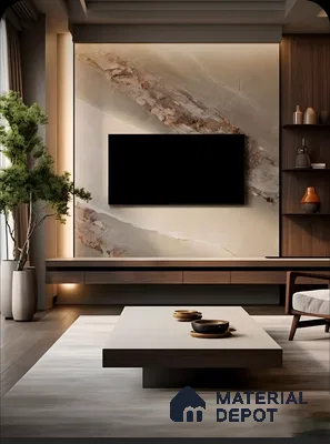 Luxurious TV Unit with Marble Accent Wall and Modern TV Console | Material Depot
