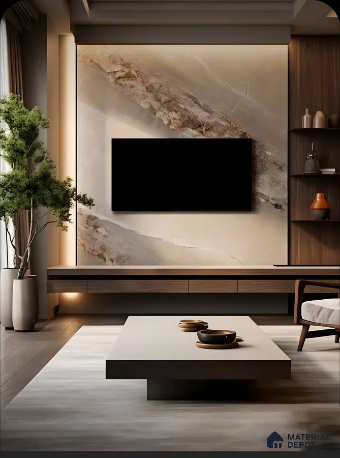 Luxurious TV Unit with Marble Accent Wall and Modern TV Console | Material Depot