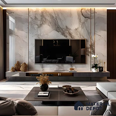 Luxurious TV Unit with Marble Accent Wall and Sleek TV Console | Material Depot
