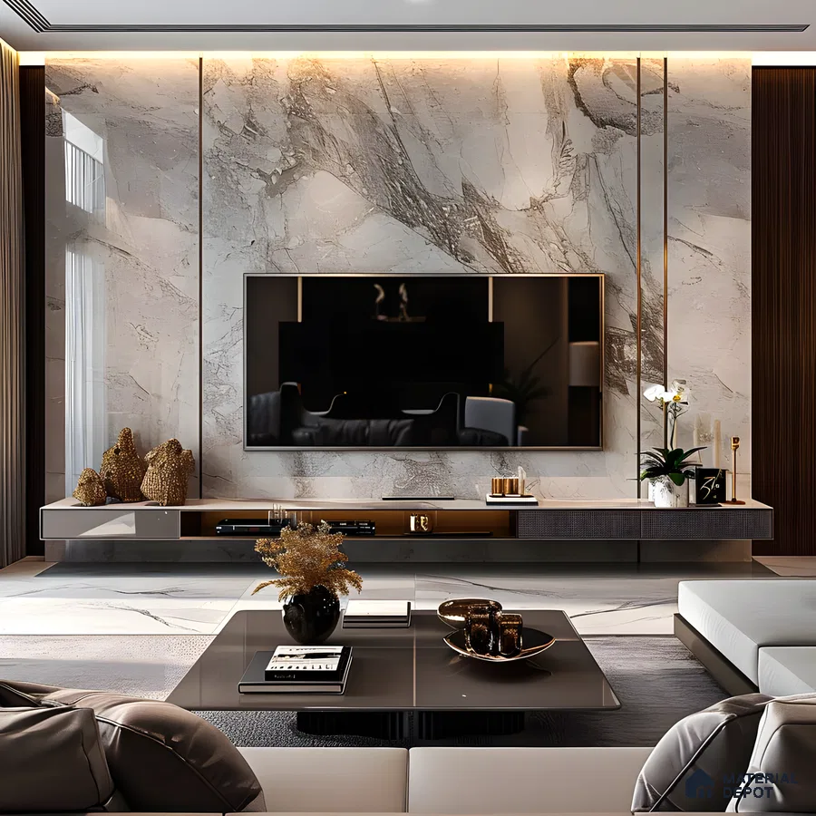 Luxurious TV Unit with Marble Accent Wall and Sleek TV Console | Material Depot
