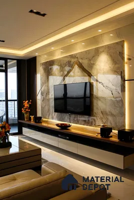 Luxurious Living Room with Marble Feature Wall and Ambient Lighting | Material Depot