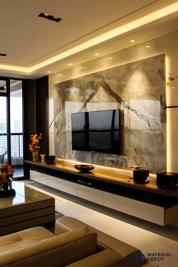 Luxurious Living Room with Marble Feature Wall and Ambient Lighting | Material Depot