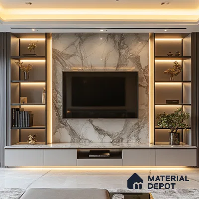 Luxurious Living Room with Marble Feature Wall and Built-in Shelving | Material Depot