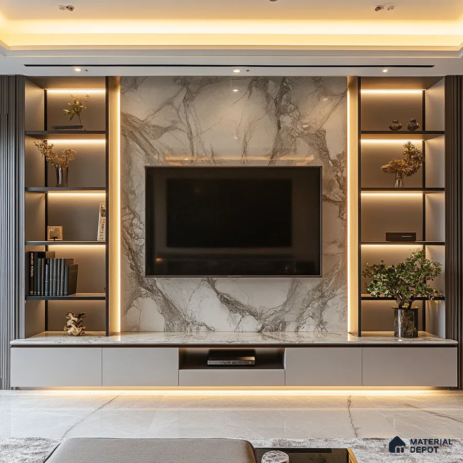 Luxurious Living Room with Marble Feature Wall and Built-in Shelving | Material Depot